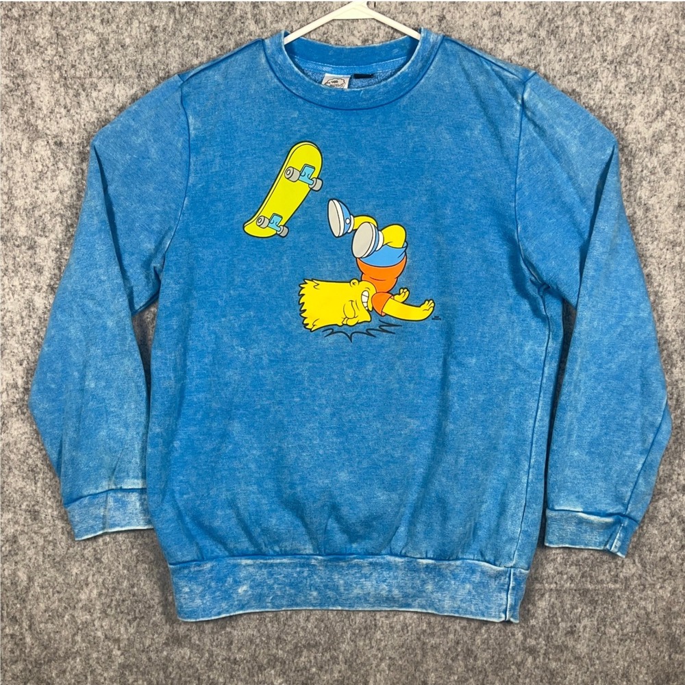 The Simpsons Bart Simpson Skateboard Graphic Sweatshirt Blue Acid Wash XL‎ Mens